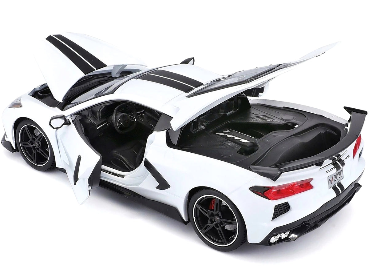 2020 Chevrolet Corvette Stingray C8 Coupe with High Wing White with Black Stripes 1/18 Diecast Model Car by Maisto - image 3