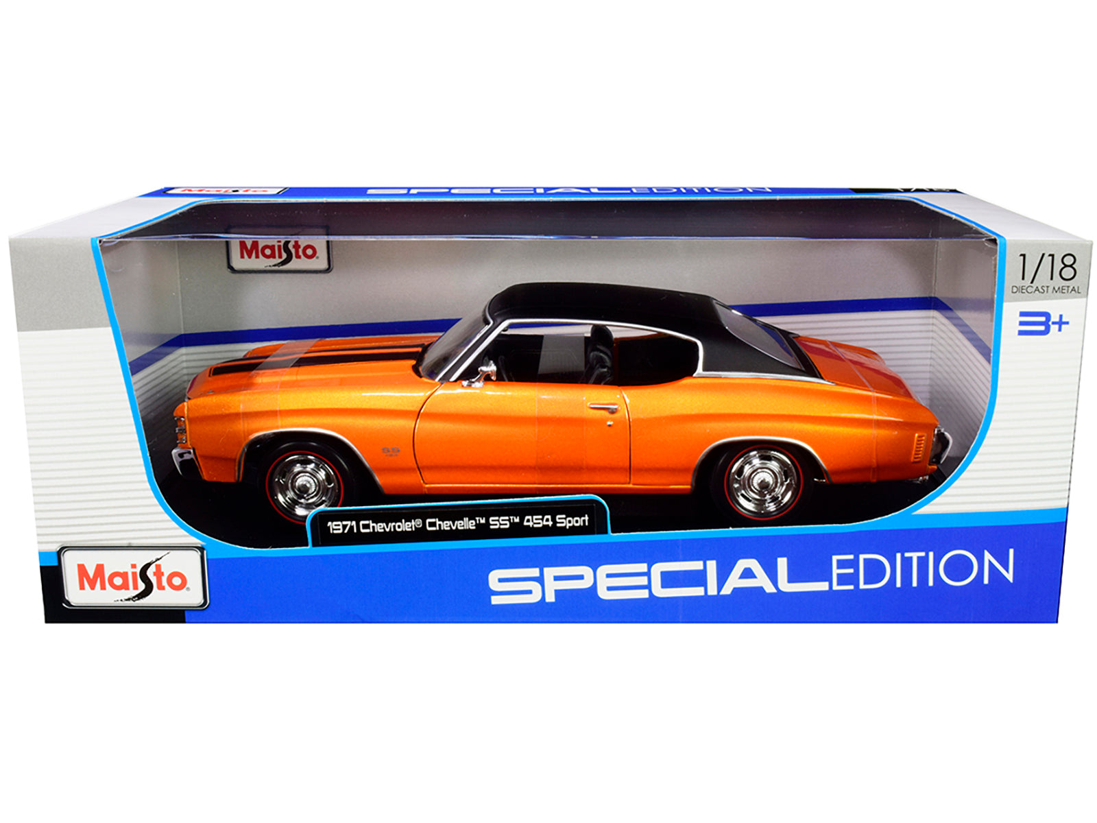1971 Chevrolet Chevelle SS 454 Sport Orange Metallic with Black Top and Black Stripes 1/18 Diecast Model Car by Maisto - image 2