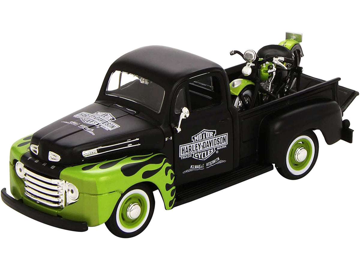 1948 Ford F-1 Pickup Truck "Harley Davidson" with 1948 Harley Davidson FL Panhead Motorcycle Black and Green 1/24 Diecast Models by Maisto - image 3