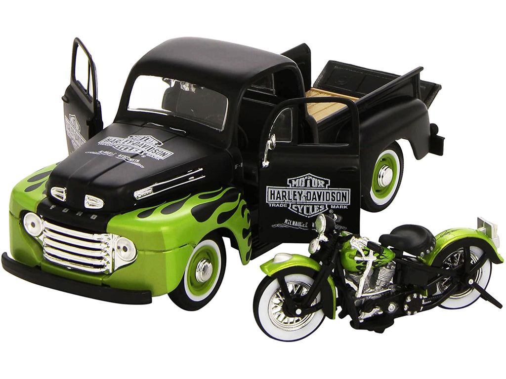 1948 Ford F-1 Pickup Truck "Harley Davidson" with 1948 Harley Davidson FL Panhead Motorcycle Black and Green 1/24 Diecast Models by Maisto - image 2