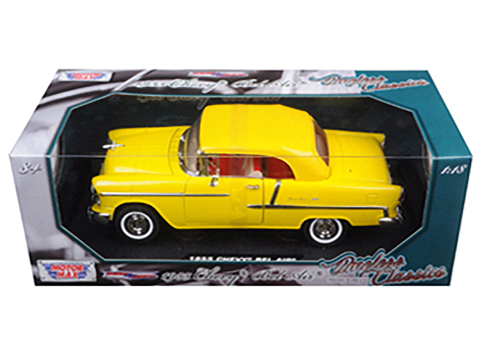 1955 Chevrolet Bel Air Convertible Soft Top Yellow "Timeless Classics" 1/18 Diecast Model Car by Motormax - image 3
