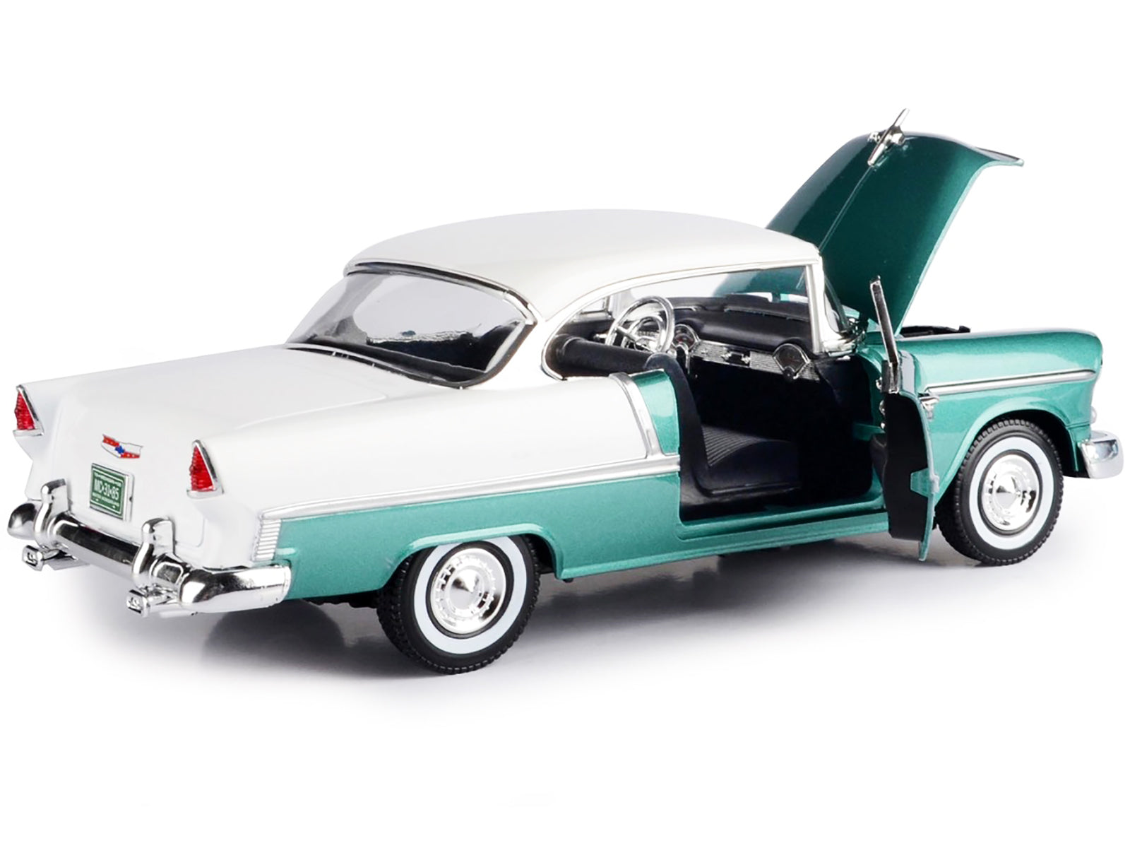 1955 Chevrolet Bel Air Hard Top Green Metallic and White 1/18 Diecast Model Car by Motormax - image 3
