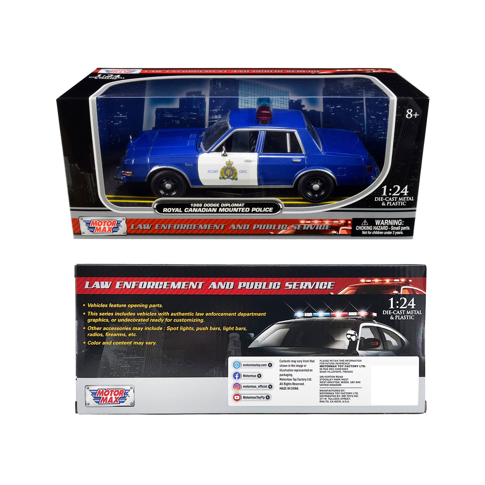 1986 Dodge Diplomat "Royal Canadian Mounted Police" Metallic Blue and White 1/24 Diecast Model Car by Motormax - image 3