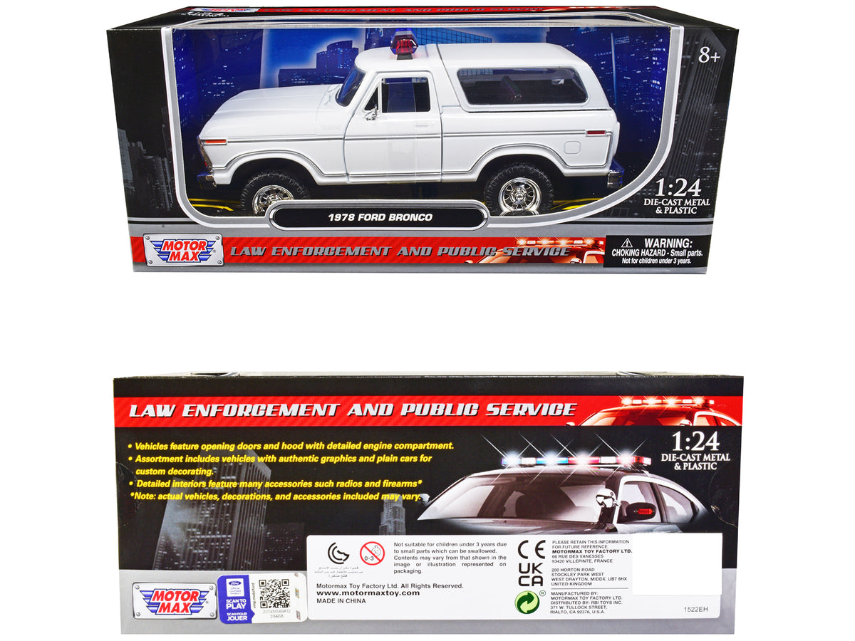1978 Ford Bronco Police Car Unmarked White "Law Enforcement and Public Service" Series 1/24 Diecast Model Car by Motormax - image 3