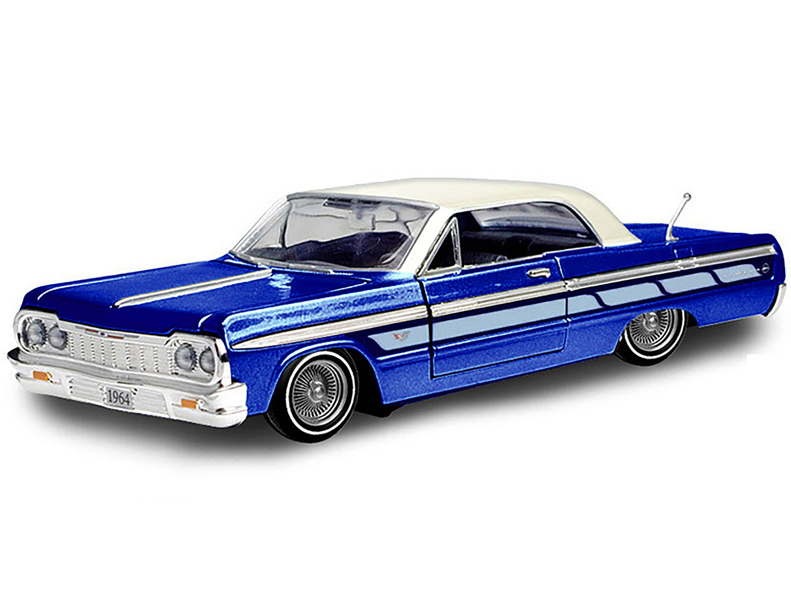1964 Chevrolet Impala Lowrider Hard Top Candy Blue Metallic with Cream Top "Get Low" Series 1/24 Diecast Model Car by Motormax - image 2