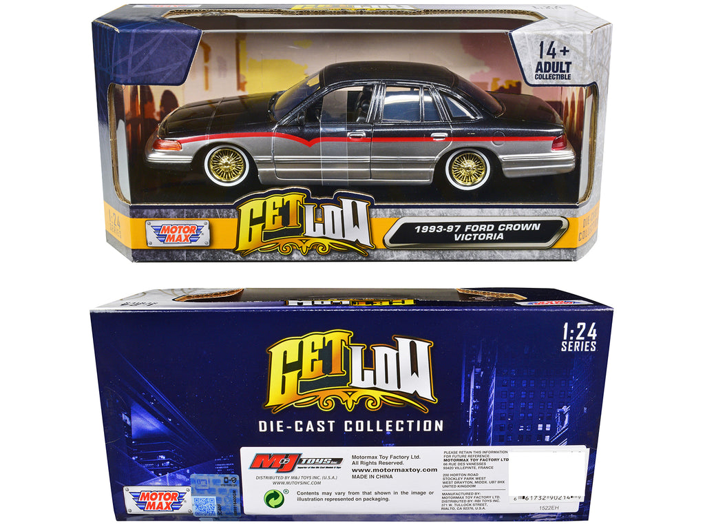 1993-1997 Ford Crown Victoria Lowrider Black Metallic and Silver with Red Stripes "Get Low" Series 1/24 Diecast Model Car by Motormax - image 3