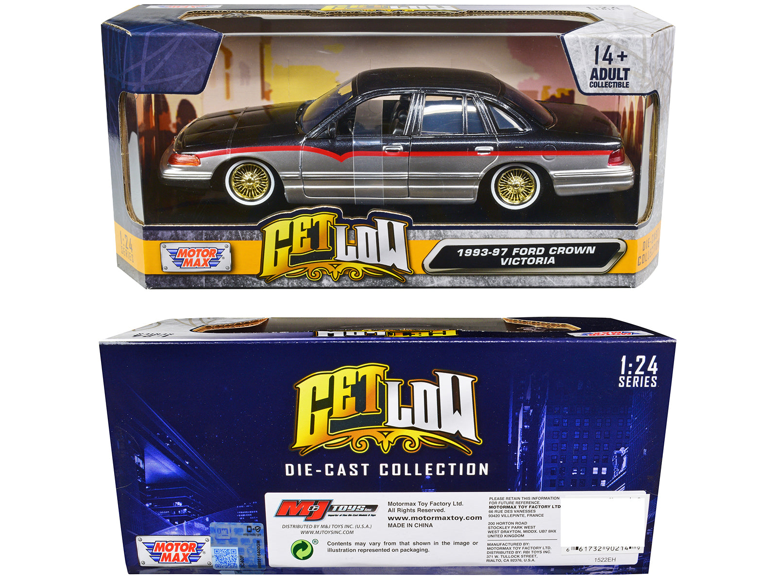 1993-1997 Ford Crown Victoria Lowrider Black Metallic and Silver with Red Stripes "Get Low" Series 1/24 Diecast Model Car by Motormax - image 3