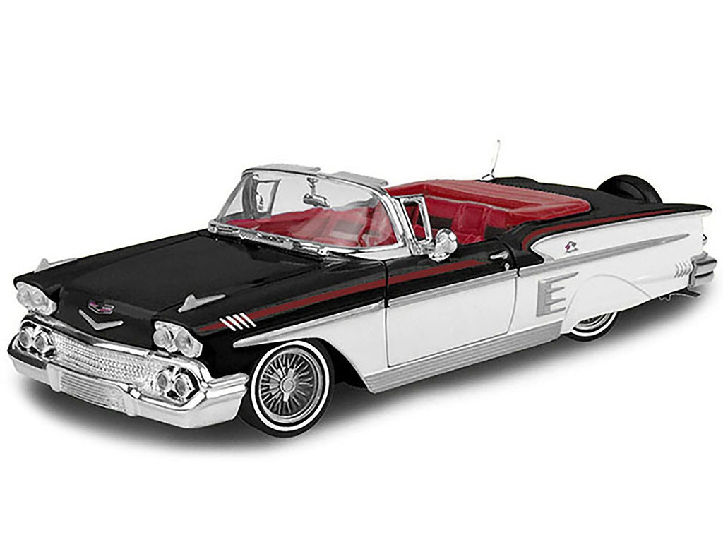 1958 Chevrolet Impala Convertible Lowrider Black and White with Red Interior "Get Low" Series 1/24 Diecast Model Car by Motormax - image 2