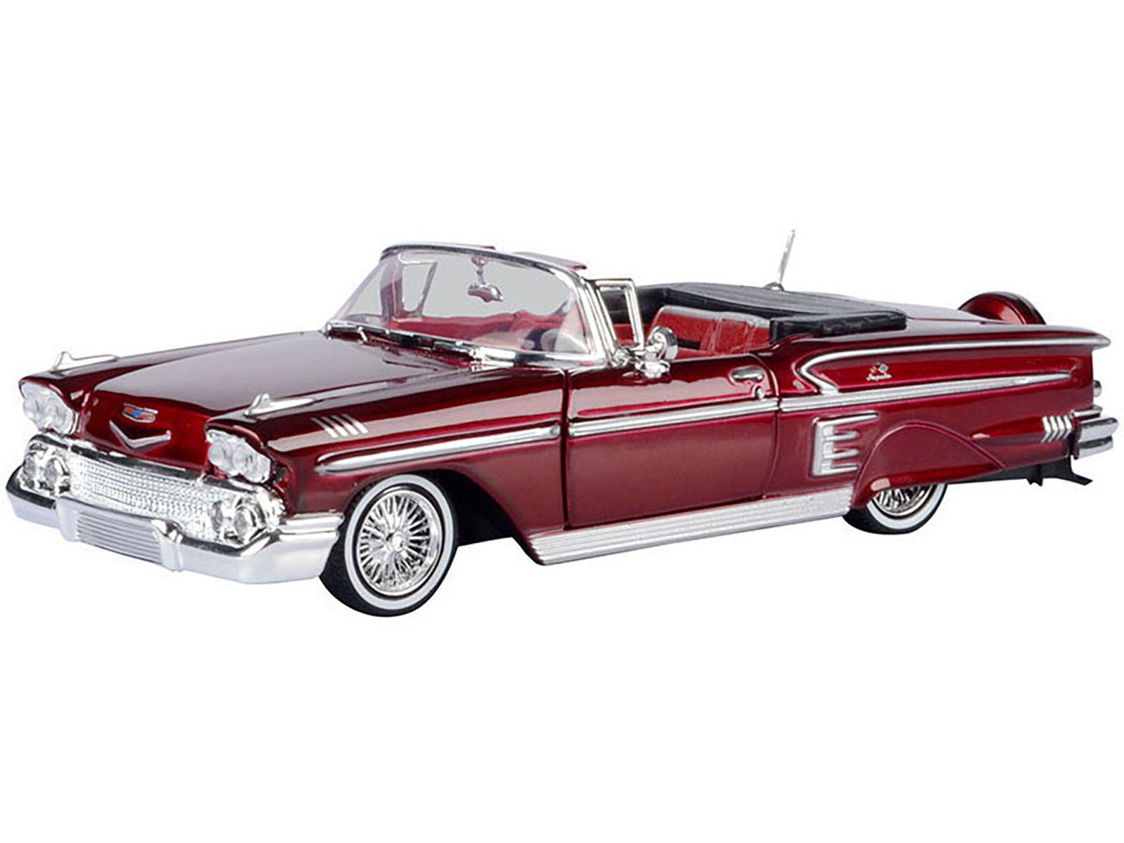 1958 Chevrolet Impala Convertible Lowrider Dark Red Metallic with Red Interior "Get Low" Series 1/24 Diecast Model Car by Motormax - image 2