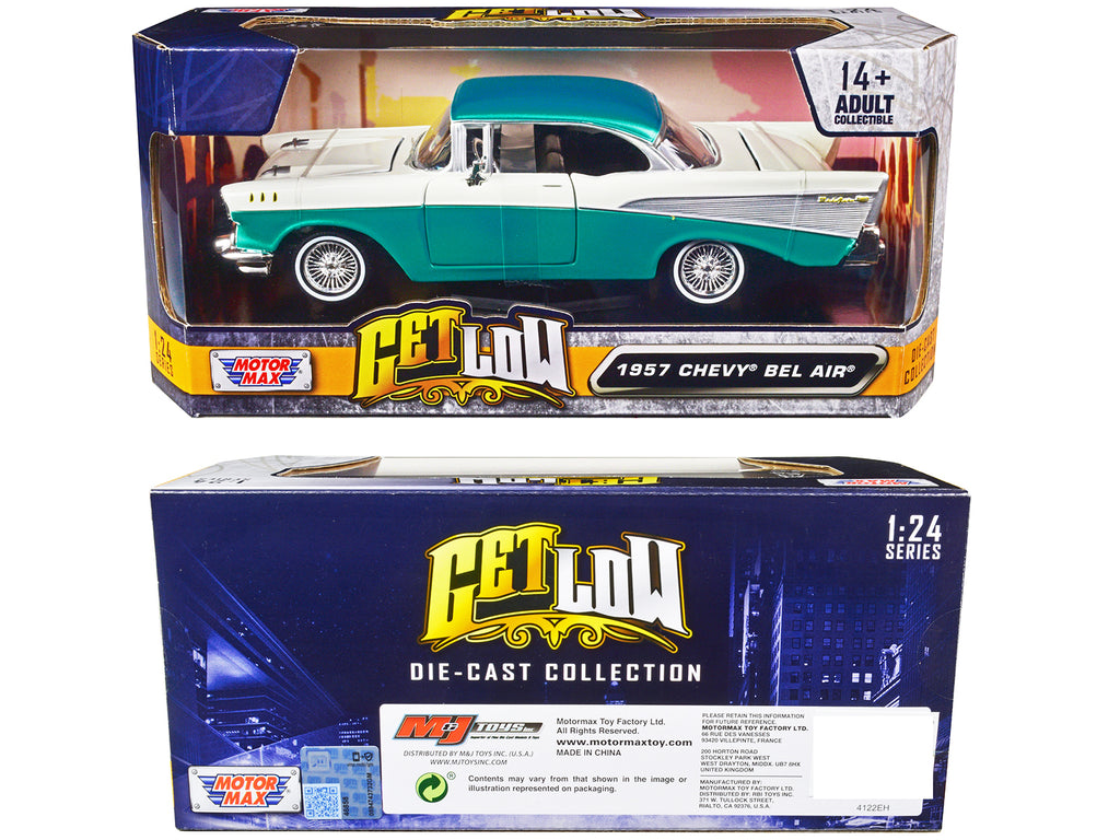 1957 Chevrolet Bel Air Lowrider Turquoise Metallic and White "Get Low" Series 1/24 Diecast Model Car by Motormax - image 3
