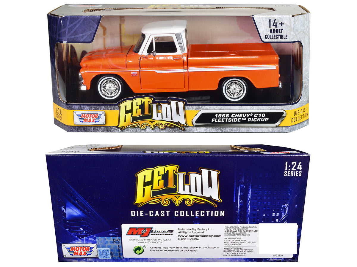 1966 Chevrolet C10 Fleetside Pickup Truck Lowrider Orange Metallic with White Top "Get Low" Series 1/24 Diecast Model Car by Motormax - image 3