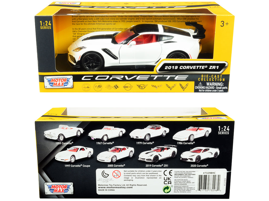 2019 Chevrolet Corvette C7 ZR1 White and Black with Red Interior "History of Corvette" Series 1/24 Diecast Model Car by Motormax - image 3