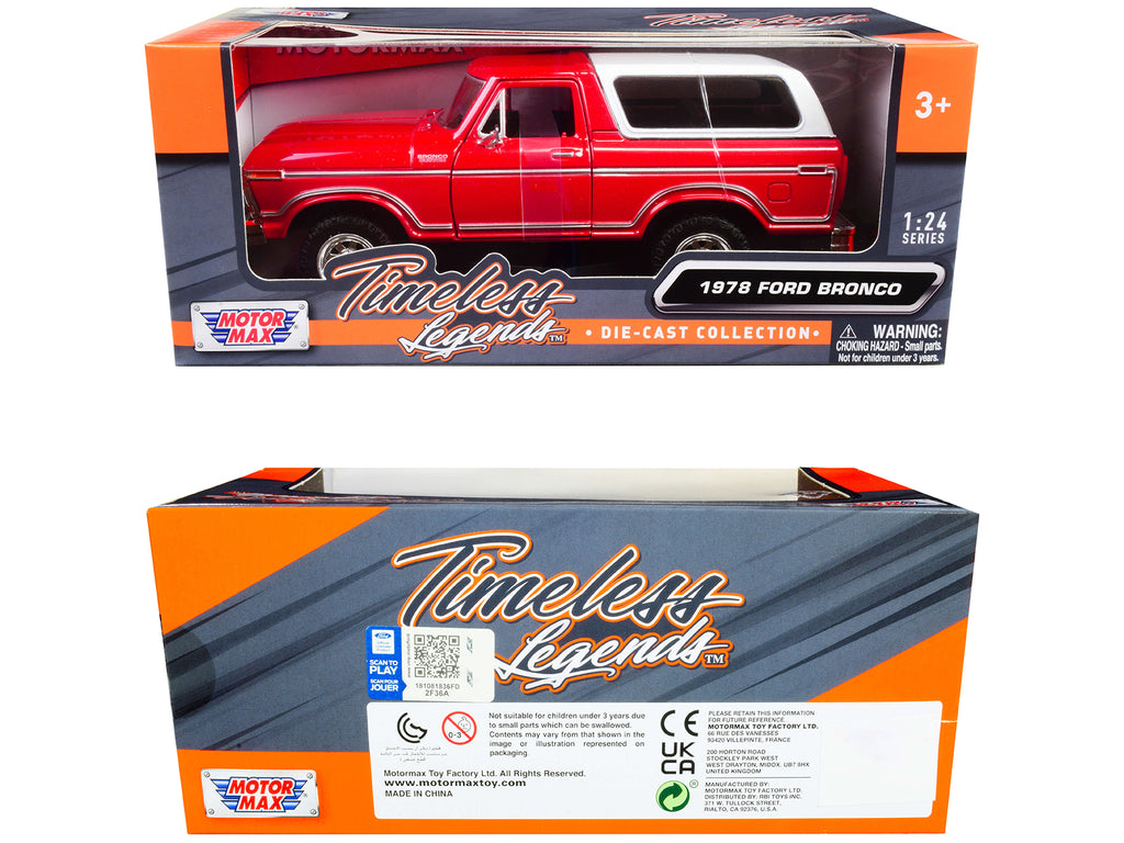 1978 Ford Bronco Custom Red and White "Timeless Legends" Series 1/24 Diecast Model Car by Motormax - image 3