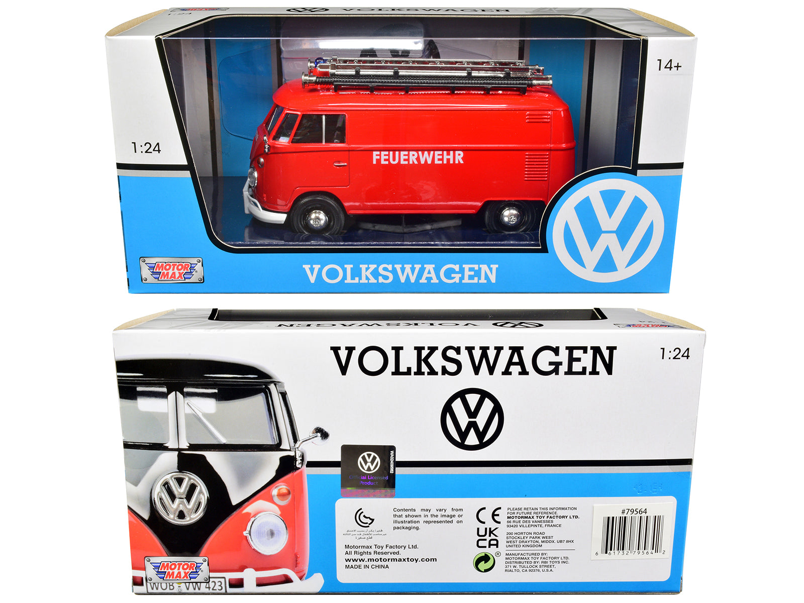 Volkswagen Type 2 (T1) Fire Van "Feuerwehr" Red 1/24 Diecast Model Car by Motormax - image 3