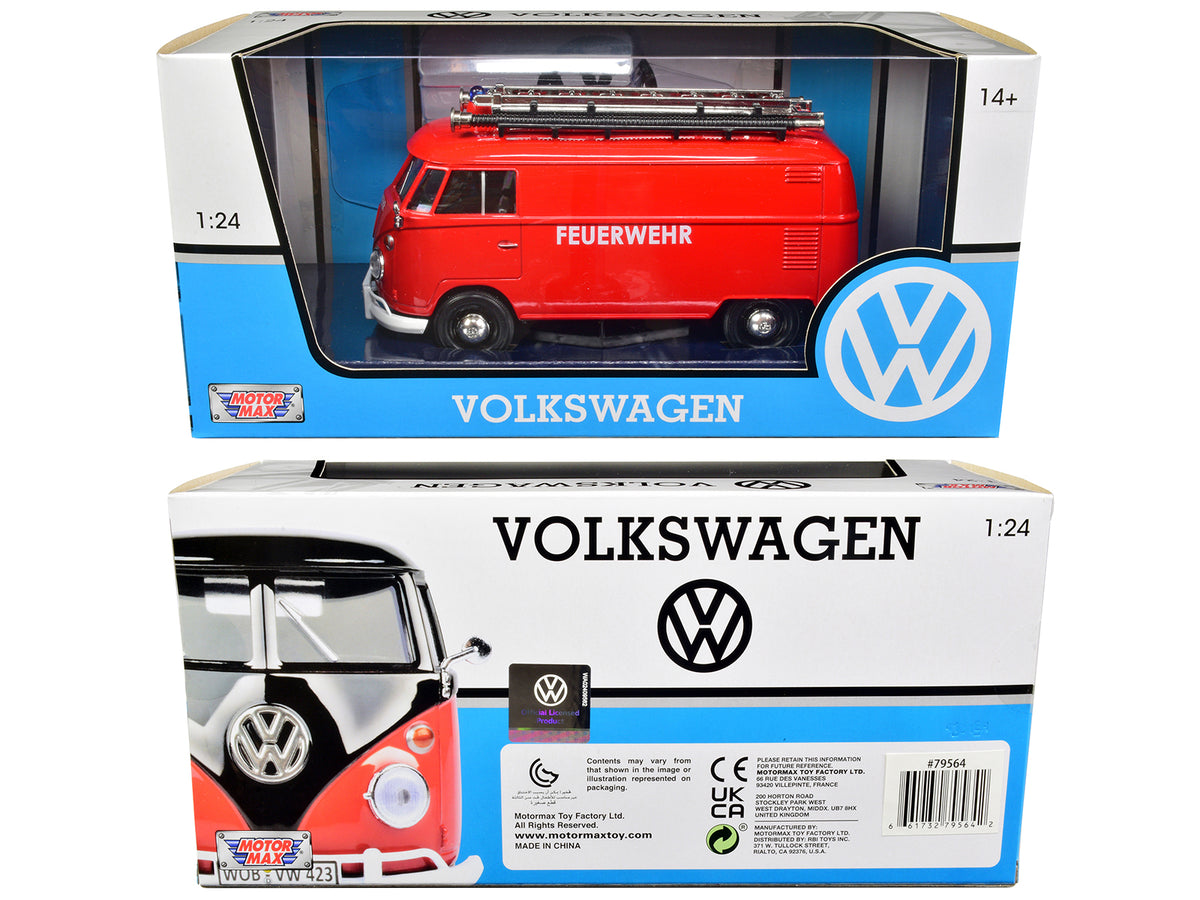 Volkswagen Type 2 (T1) Fire Van "Feuerwehr" Red 1/24 Diecast Model Car by Motormax - image 3