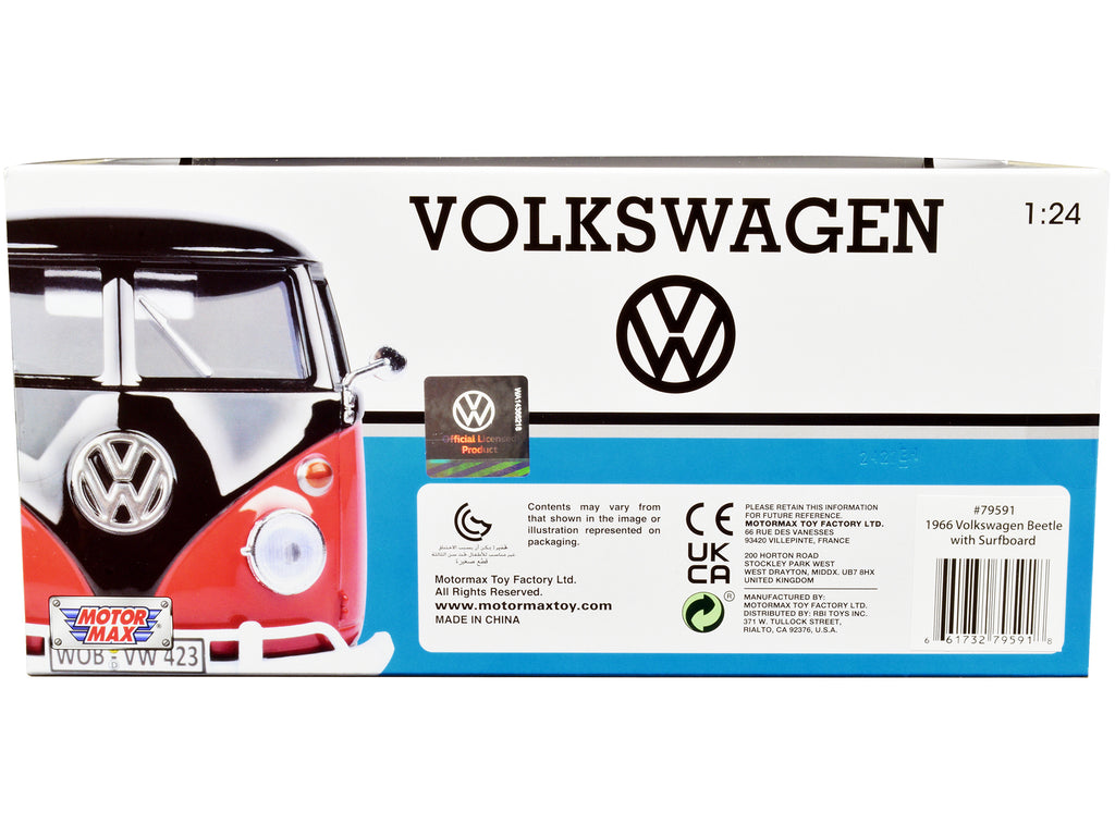 1966 Volkswagen Beetle Black with Wood Panels and Two Surfboards on Roof Rack 1/24 Diecast Model Car by Motormax