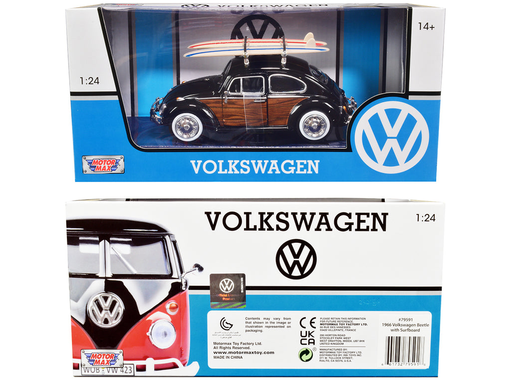 1966 Volkswagen Beetle Black with Wood Panels and Two Surfboards on Roof Rack 1/24 Diecast Model Car by Motormax