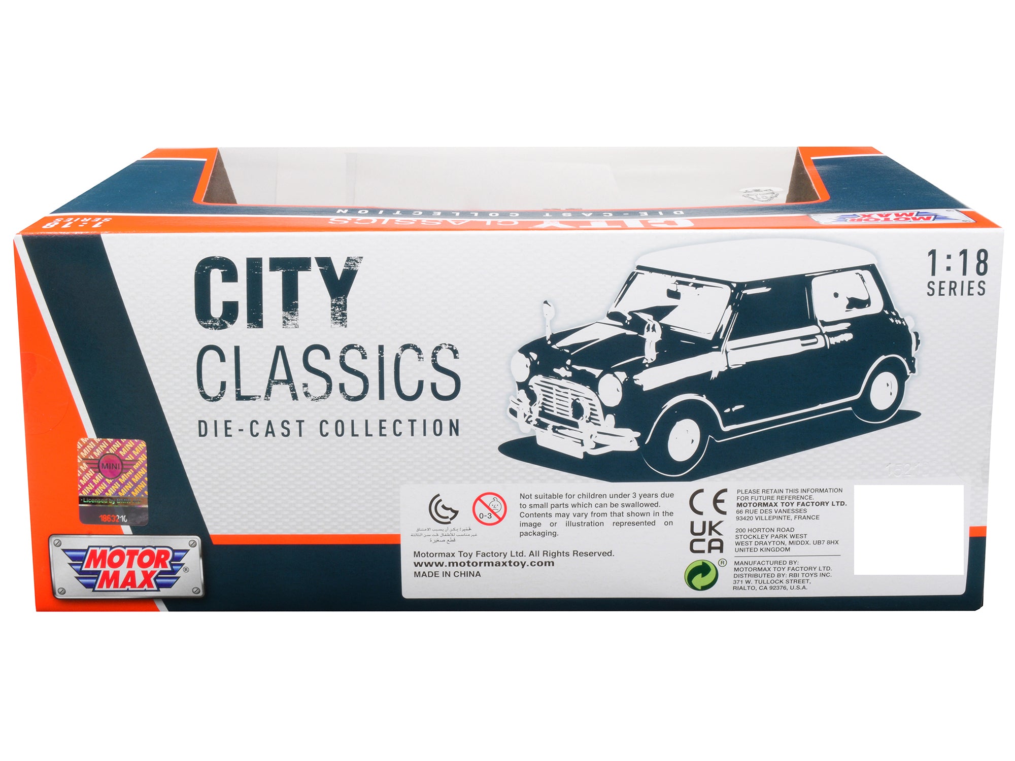 1961-1967 Morris Mini Cooper RHD (Right Hand Drive) Dark Blue with British Flag on the Top and Roof Rack "City Classics" Series 1/18 Diecast Model Car by Motormax - image 2
