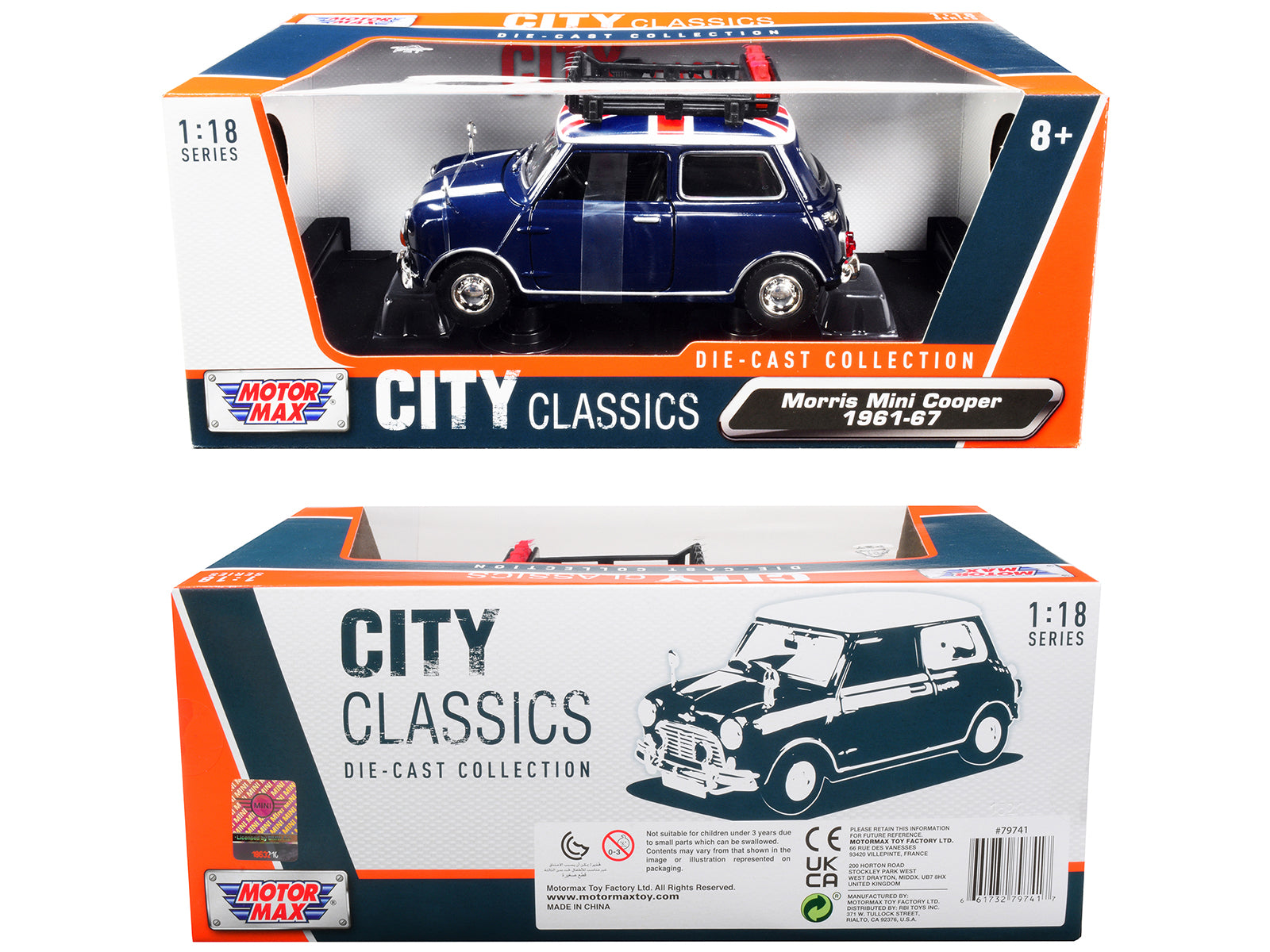 1961-1967 Morris Mini Cooper RHD (Right Hand Drive) Dark Blue with British Flag on the Top and Roof Rack "City Classics" Series 1/18 Diecast Model Car by Motormax - image 3