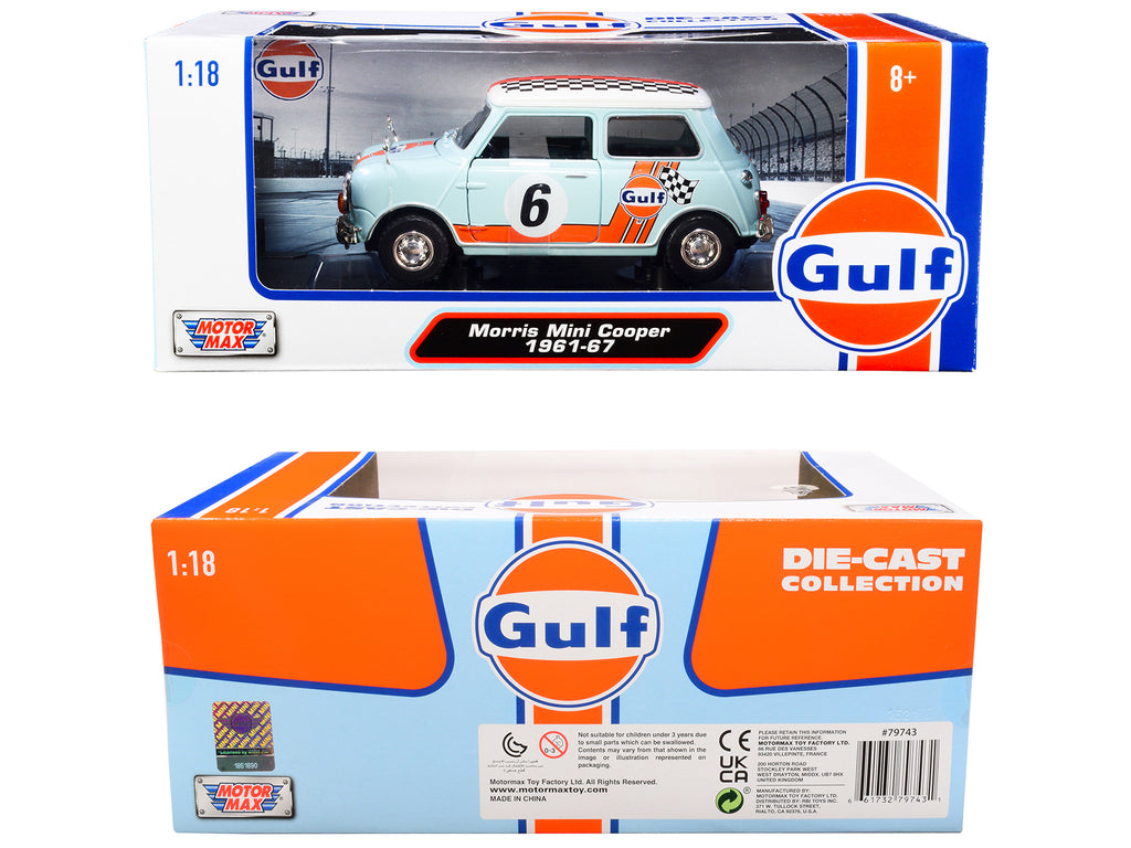 1961-1967 Morris Mini Cooper RHD (Right Hand Drive) #6 "Gulf Oil" Light Blue with Orange Stripes and Checkered Top "City Classics" Series 1/18 Diecast Model Car by Motormax - image 3