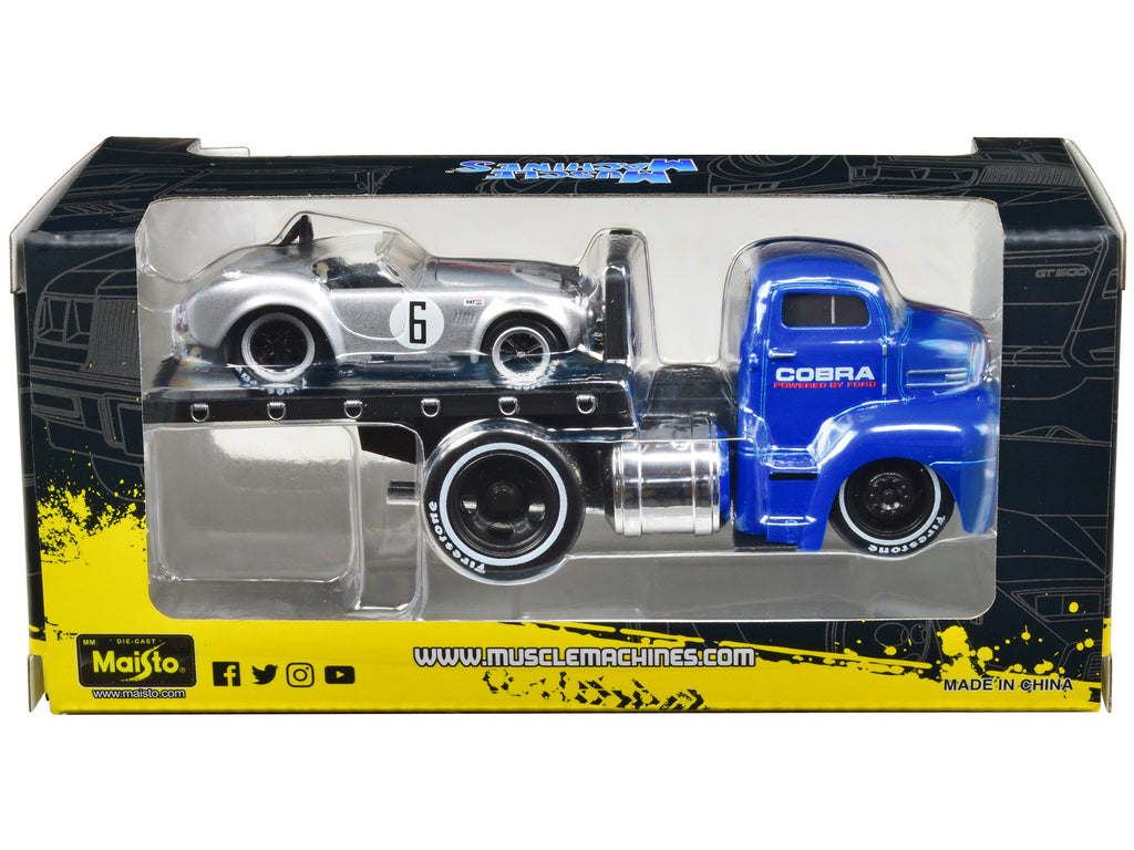 1950 Ford COE Flatbed Truck Blue "Cobra Powered by Ford" and 1964 Shelby Cobra #6 Silver Metallic with Stripes "Muscle Transports" Series 1/64 Diecast Model Cars by Muscle Machines - image 2