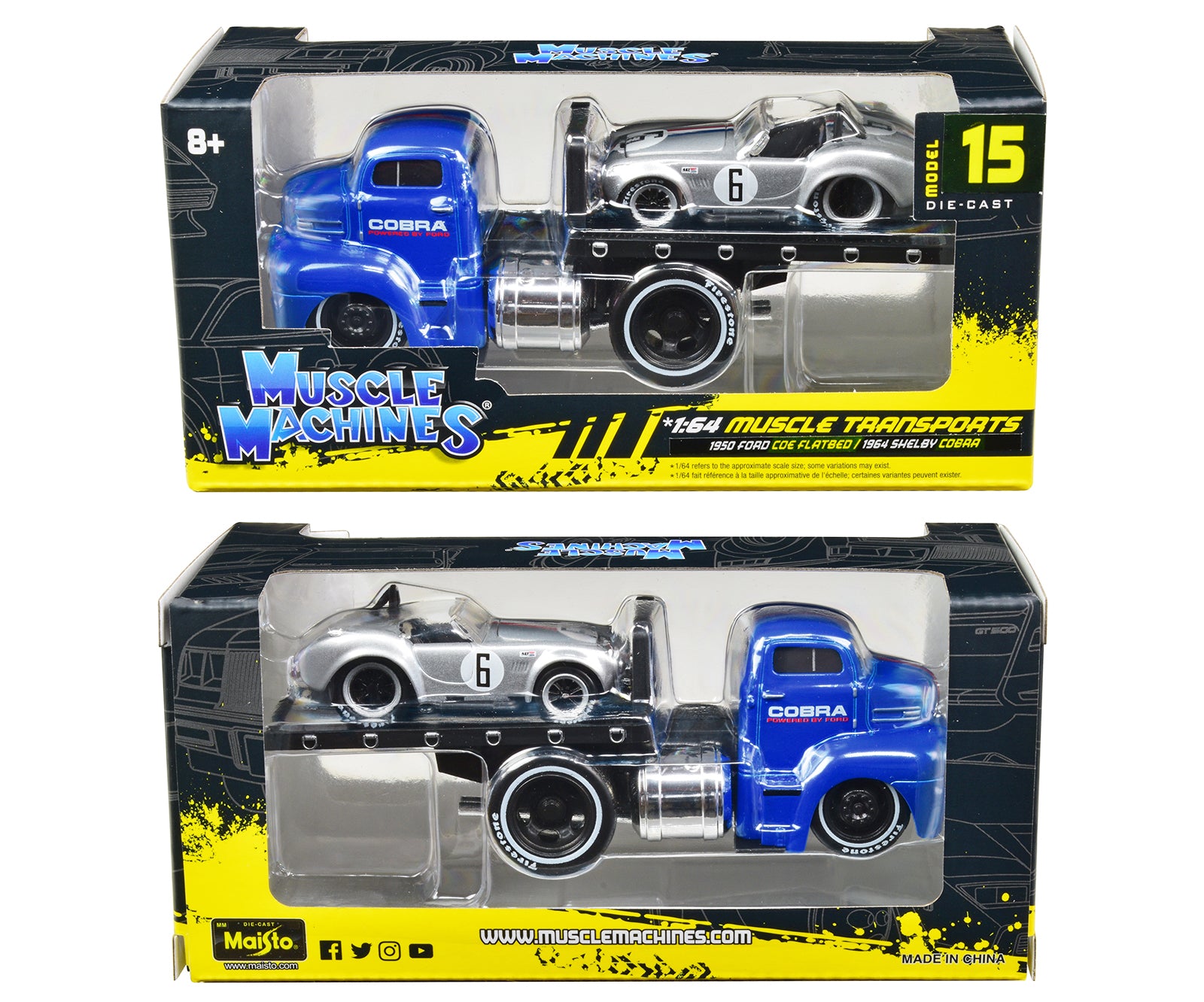 1950 Ford COE Flatbed Truck Blue "Cobra Powered by Ford" and 1964 Shelby Cobra #6 Silver Metallic with Stripes "Muscle Transports" Series 1/64 Diecast Model Cars by Muscle Machines - image 3