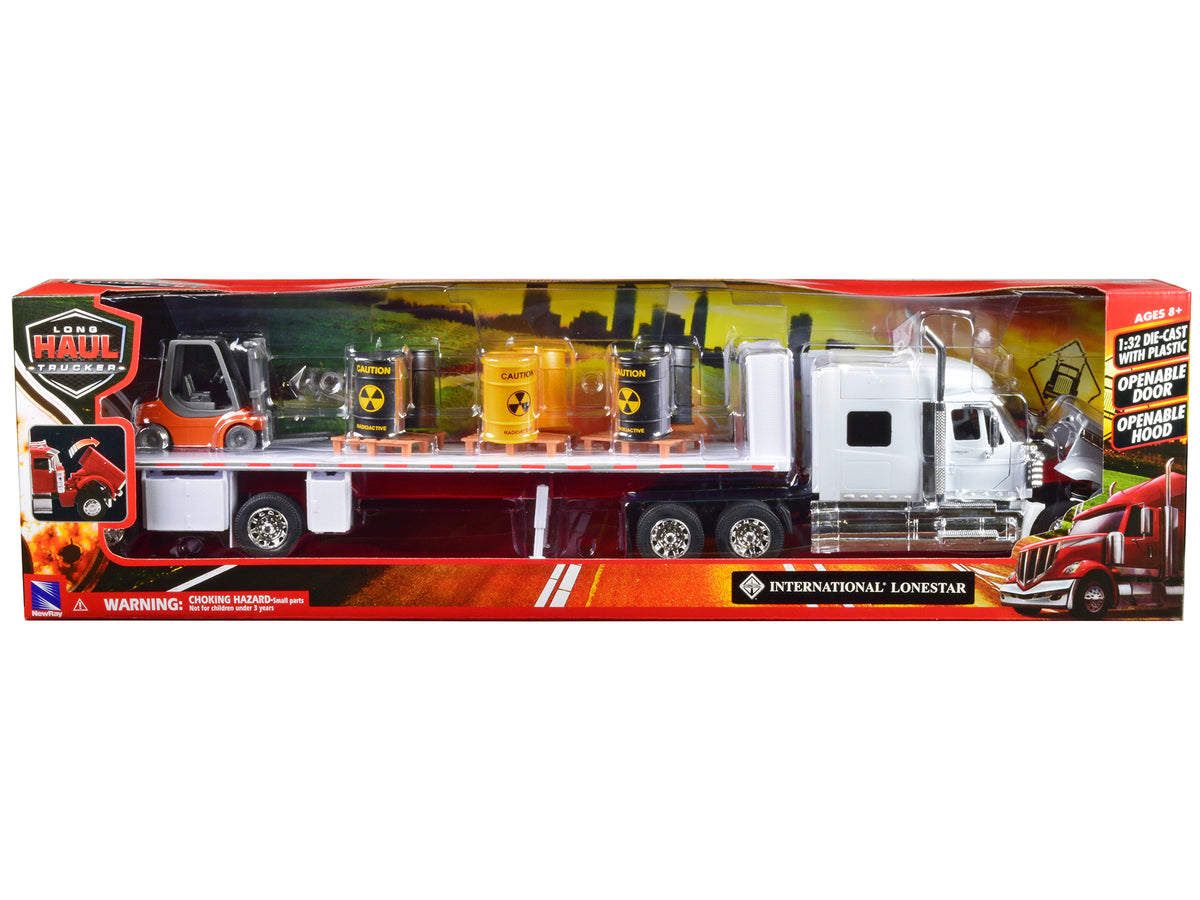 International Lonestar Flatbed Truck White with 6 Toxic Barrels 3 Pallets and Forklift "Long Haul Trucker" Series 1/32 Diecast Model by New Ray - image 3