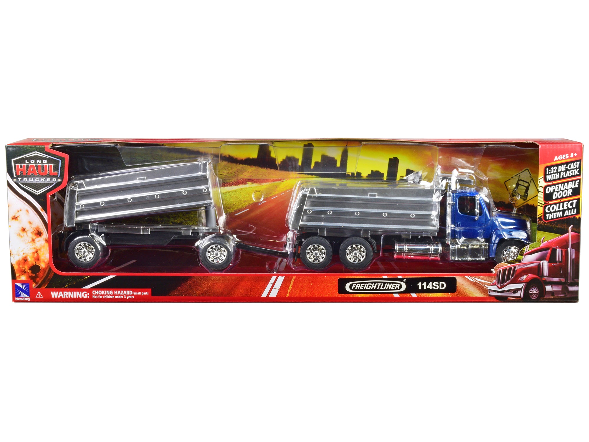 Freightliner 114SD Dump Truck with Twin Dump Body Blue "Long Haul Trucker" Series 1/32 Diecast Model by New Ray - image 3