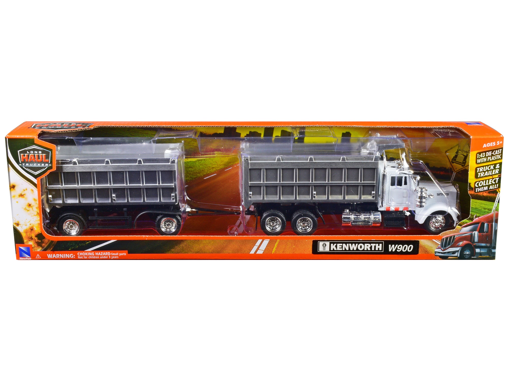 Kenworth W900 Dump Truck with Twin Dump Body White and Chrome "Long Haul Trucker" Series 1/43 Diecast Model by New Ray - image 3