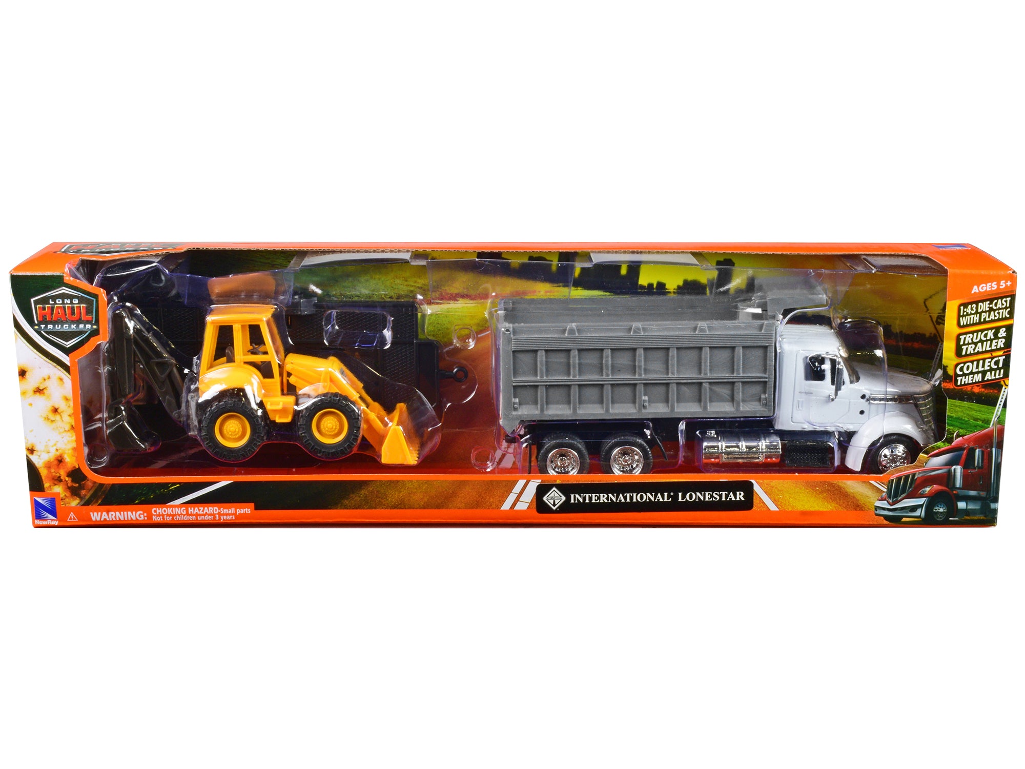 International Lonestar Dump Truck White and Wheel Loader Yellow with Flatbed Trailer "Long Haul Truckers" Series 1/43 Diecast Model by New Ray - image 3