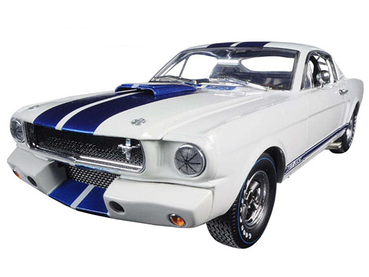 1965 Ford Mustang Shelby GT350R White with Blue Stripes and Printed Carroll Shelby's Signature on the Roof 1/18 Diecast Model Car by Shelby Collectibles - image 2