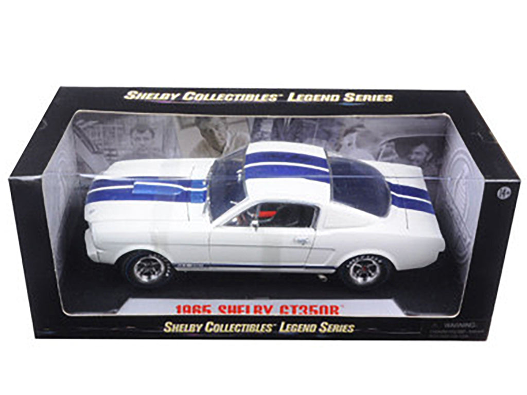 1965 Ford Mustang Shelby GT350R White with Blue Stripes and Printed Carroll Shelby's Signature on the Roof 1/18 Diecast Model Car by Shelby Collectibles - image 3
