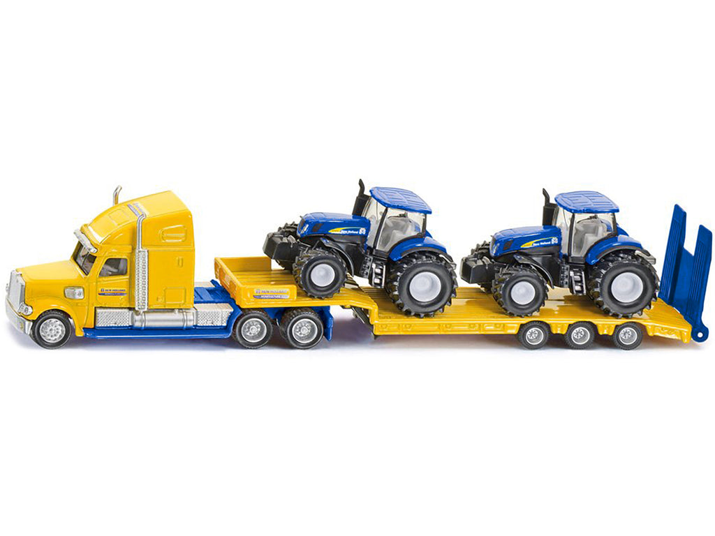 Tractor Truck Yellow with 2 New Holland T7070 Tractors Blue 1/87 (HO) Diecast Models by Siku - image 2