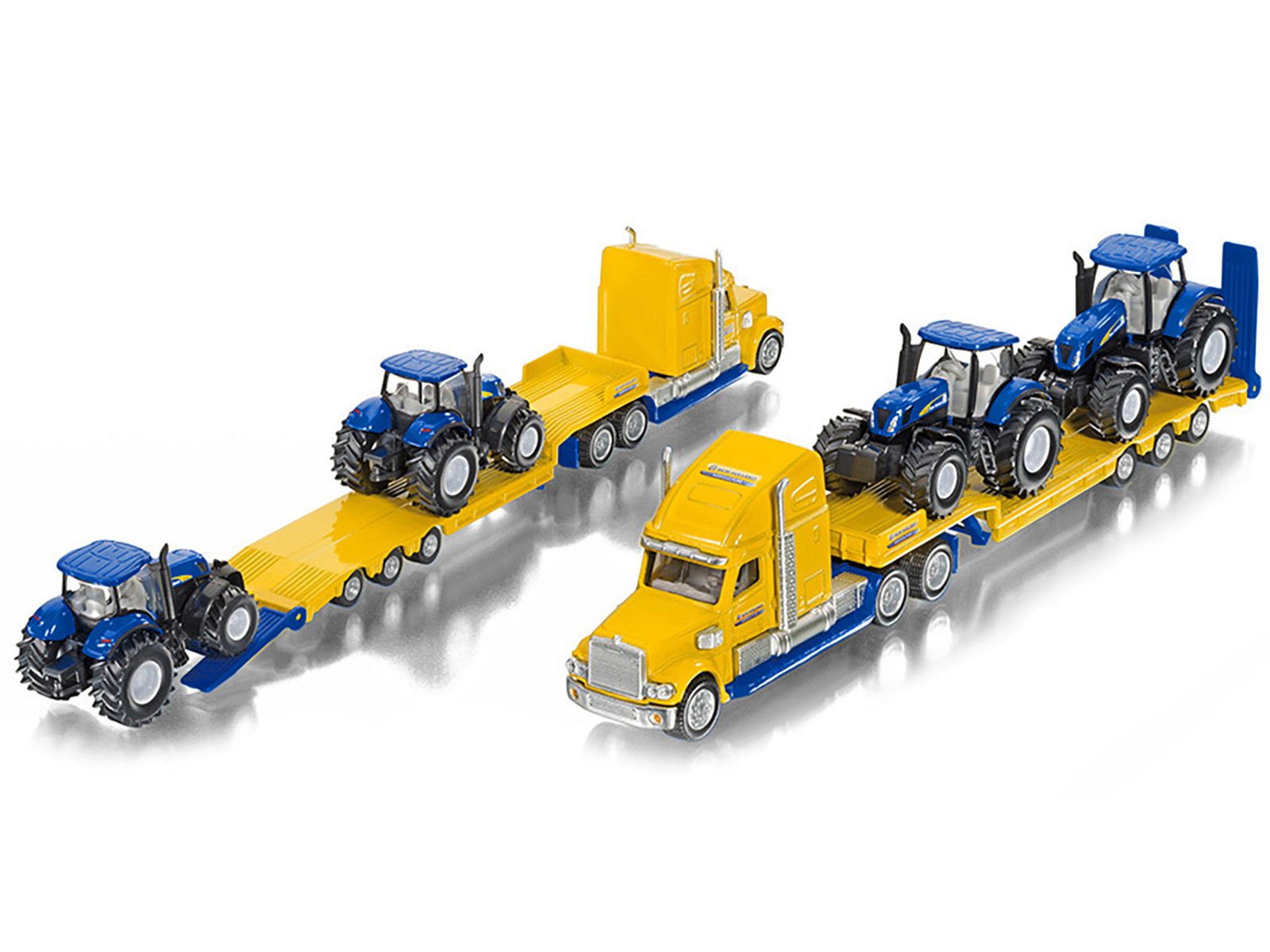 Tractor Truck Yellow with 2 New Holland T7070 Tractors Blue 1/87 (HO) Diecast Models by Siku - image 3