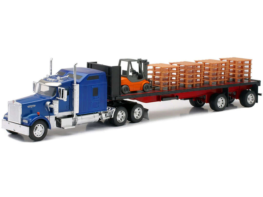 Kenworth W900 Truck with Flatbed Trailer Blue with Forklift and Pallets "Long Haul Truckers" Series 1/32 Diecast Model by New Ray - image 2