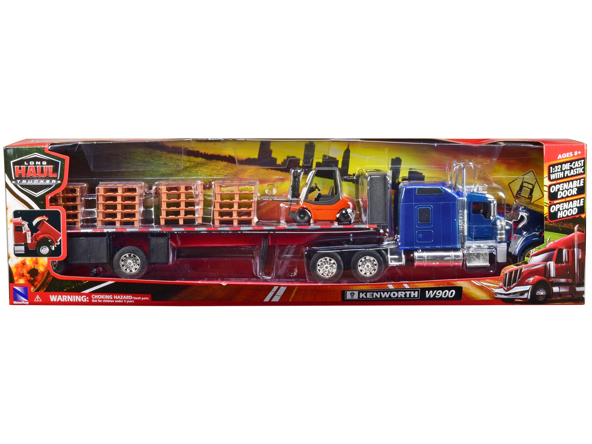 Kenworth W900 Truck with Flatbed Trailer Blue with Forklift and Pallets "Long Haul Truckers" Series 1/32 Diecast Model by New Ray - image 3