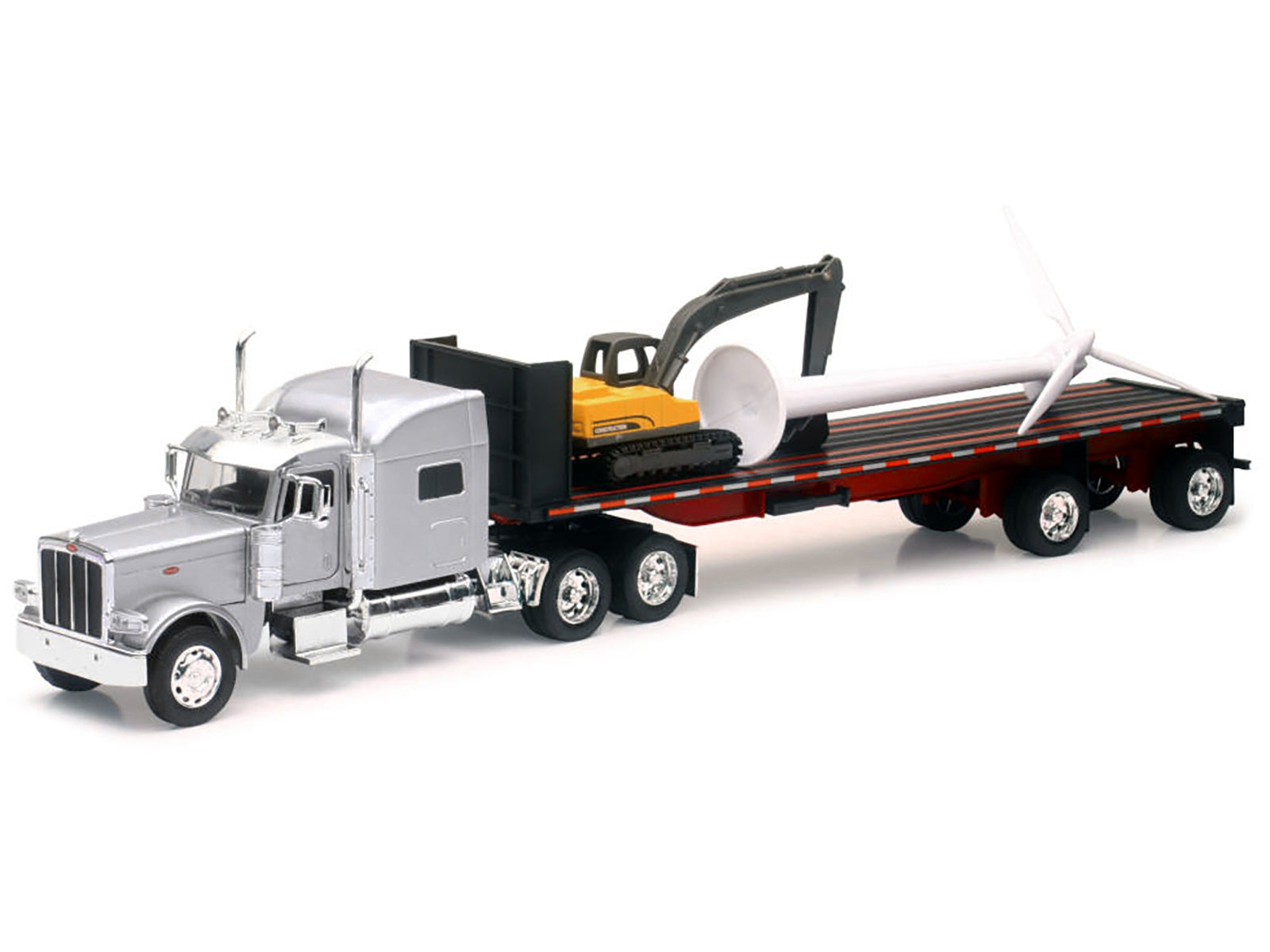Peterbilt 389 Truck with Flatbed Trailer Silver Metallic with Excavator and Wind Turbine "Long Haul Truckers" Series 1/32 Diecast Model by New Ray - image 2