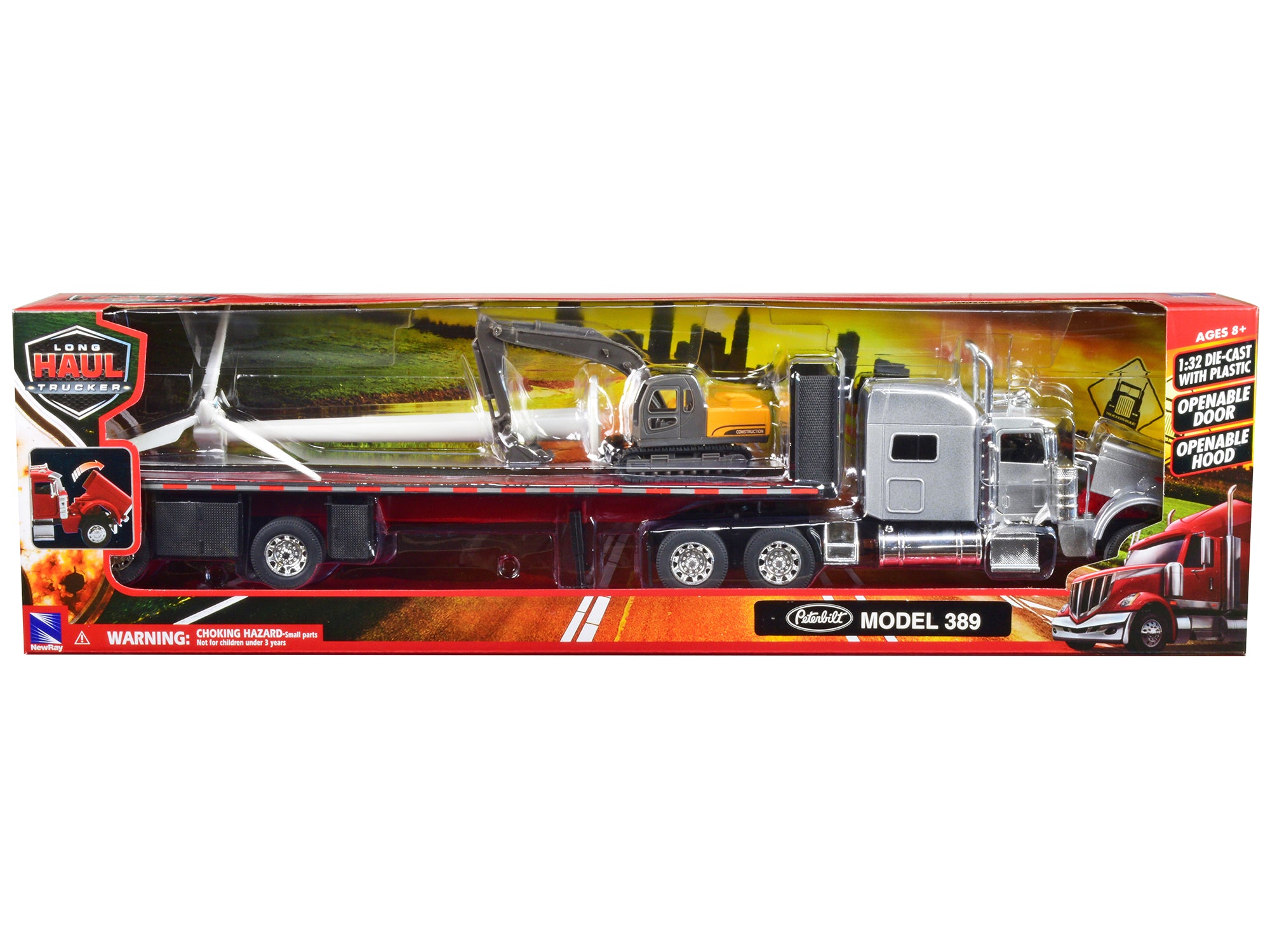 Peterbilt 389 Truck with Flatbed Trailer Silver Metallic with Excavator and Wind Turbine "Long Haul Truckers" Series 1/32 Diecast Model by New Ray - image 3