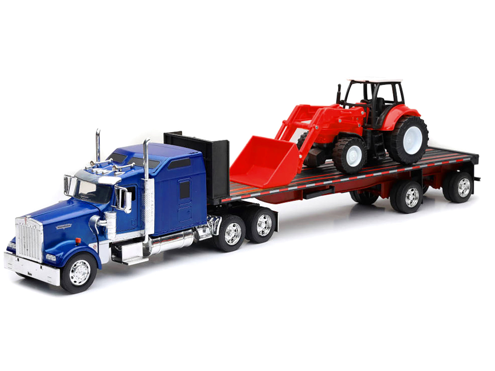 Kenworth W900 Truck with Flatbed Trailer Blue Metallic with Farm Tractor Red "Long Haul Truckers" Series 1/32 Diecast Model by New Ray - image 2