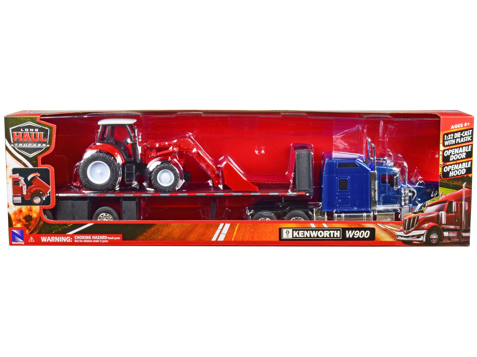 Kenworth W900 Truck with Flatbed Trailer Blue Metallic with Farm Tractor Red "Long Haul Truckers" Series 1/32 Diecast Model by New Ray - image 3