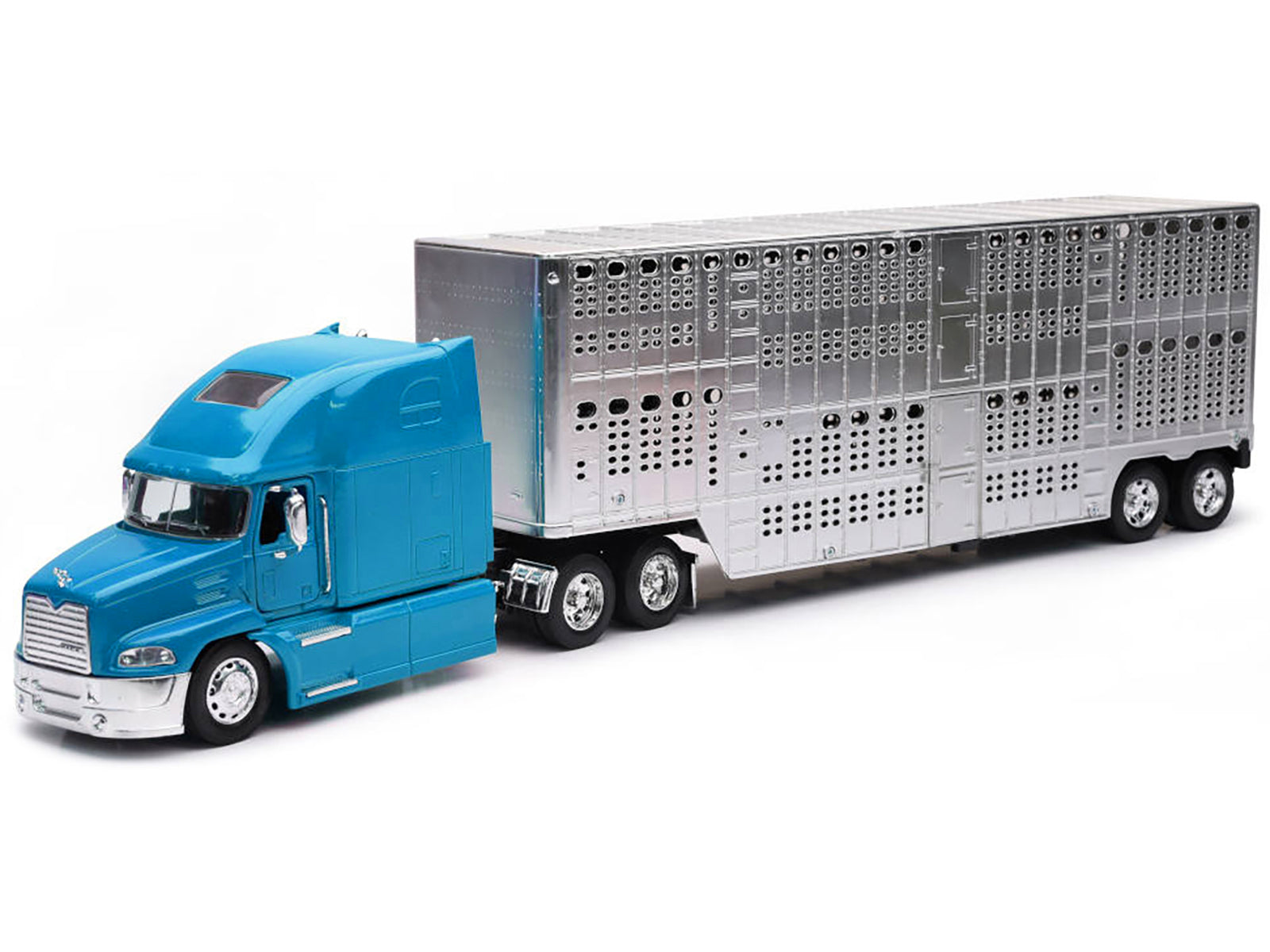 Mack Pinnacle Truck with Pot Belly Livestock Trailer Blue and Chrome "Long Haul Truckers" Series 1/32 Diecast Model by New Ray - image 2