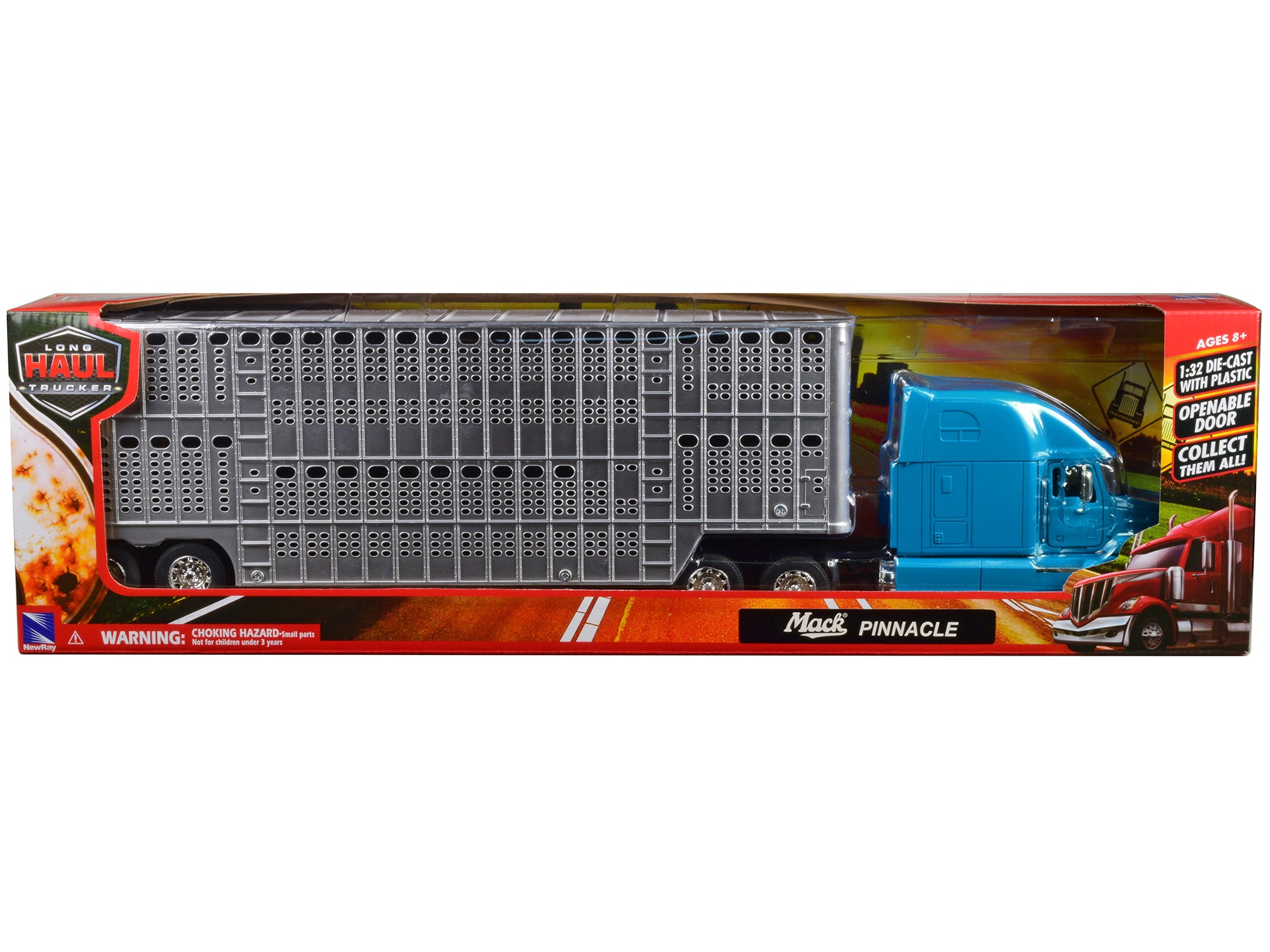 Mack Pinnacle Truck with Pot Belly Livestock Trailer Blue and Chrome "Long Haul Truckers" Series 1/32 Diecast Model by New Ray - image 3